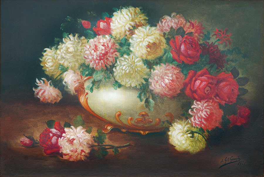 Flower Vase with Roses and Dahlias<br>
<i>(Búcaro con Rosas y  Dalias)</i> by Juan Gil García