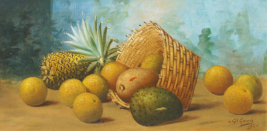 Basket of Fruits with Pinched Sapotes<br>
<i>(Canasta de Frutas con Mameyes Pellizcados)</i> by Juan Gil García