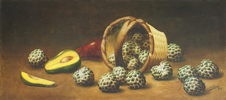 Basket with Sugar Apples and Avocadoes<br>
<i>(Cesta con Anones y Aguacates)</i> by Juan Gil García