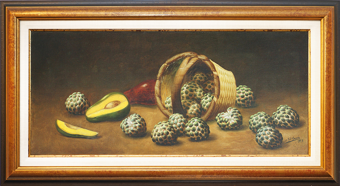 Basket with Sugar Apples and Avocadoes<br>
<i>(Cesta con Anones y Aguacates)</i> by Juan Gil Garca