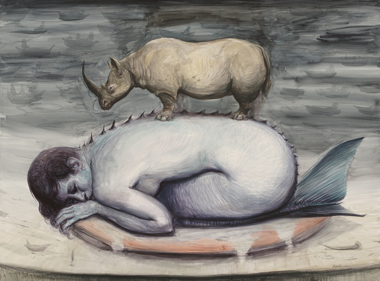 Woman and Rhinoceros<br>
<i>(Mujer y Rinoceronte )</i> by Roberto Fabelo