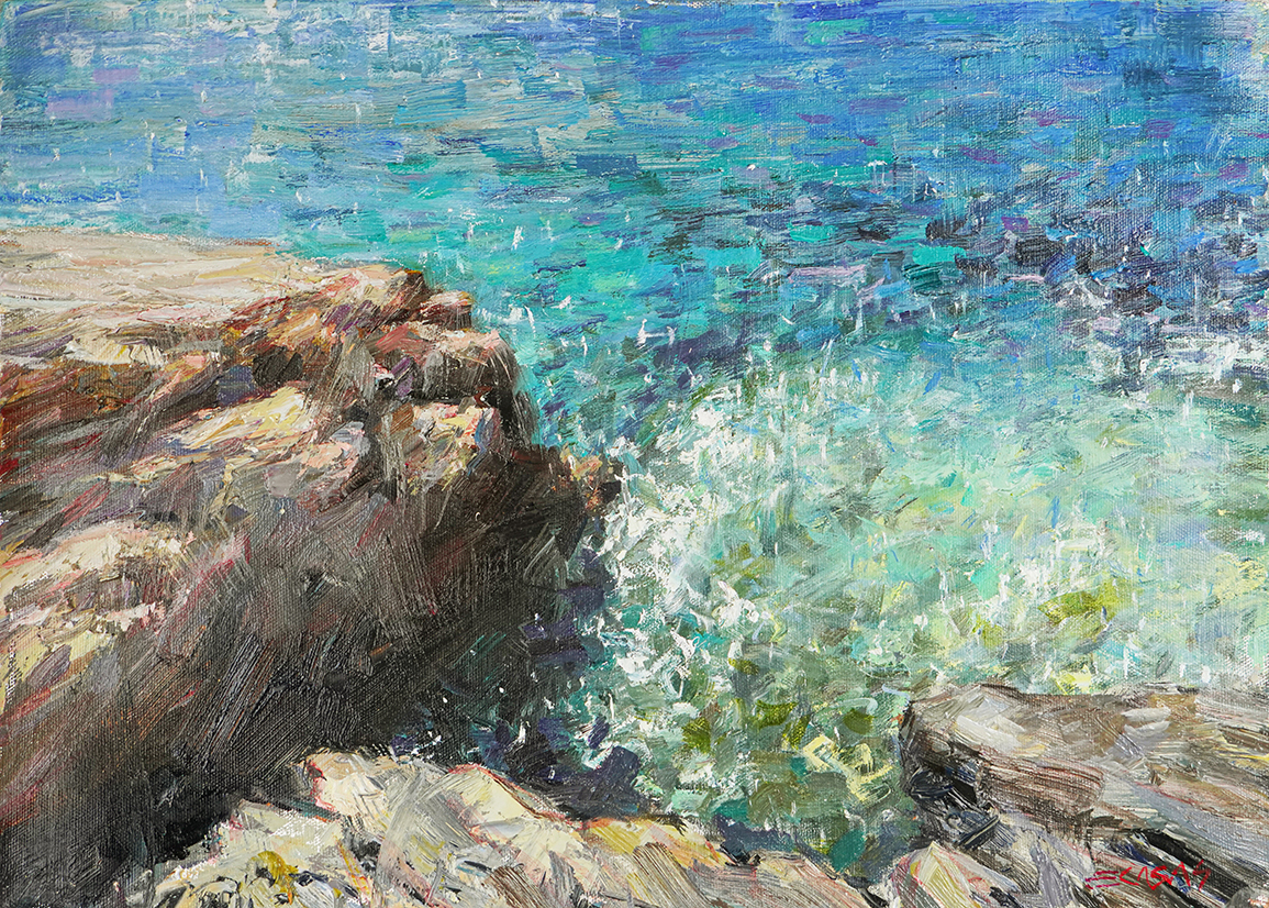 Shimmering Waves Kissing the Rocks <br>
<i>(Olas Brillantes Besando las Rocas)</i> by Enrique Casas