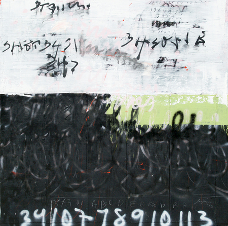 JORGE LUIS SANTOS (b. 1973) <br>
Hidden Links (from the series A-Z) <br>
(<i>Enlaces Ocultos, (de la serie A-Z)</i>), 2017 <br>
mixed media on canvas <br>
72 x 72 inches
