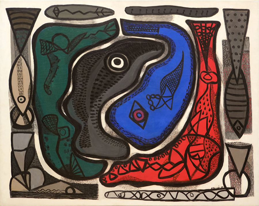 AMELIA PEL�EZ (1896 �1968) <br>
Fish<br>
<i>(Peces)</i>, 1955 <br>
oil on canvas <br>
34 ⅛ x 43 ⅛ inches 
