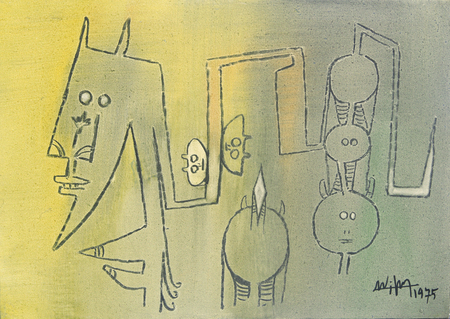 WIFREDO LAM (1902-1982)<br>
The Family <br>
<i>(La Familia),</i> 1975 <br>
oil on canvas <br>
19 � x 27 � inches
