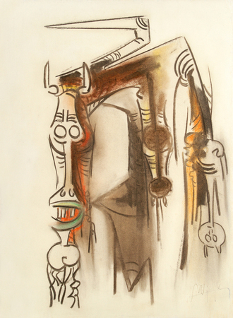 WIFREDO LAM (19021982)<br>
Woman Horse <br>
<i>(Mujer Caballo),</i> ca. 1960's <br>
mixed media on heavy paper laid down on board <br>
28 ⅜ x 20 ⅝ inches
