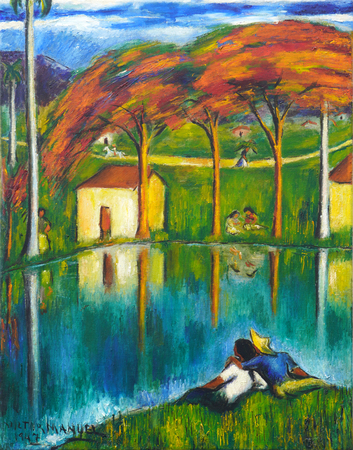 V�CTOR MANUEL GARC�A (1897�1969) <br>
Couple by the River <br>
<i>(Pareja a Orillas del R�o),</i> 1947 <br>
oil on canvas <br>
30 x 24 inches
