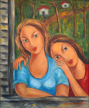 V�CTOR MANUEL GARC�A (1897�1969)<br>
Two Sisters <br>
<i>(Dos Hermanas),</i> ca. 1950<br>
oil on canvas<br>
23 ⅜ x 19 inches
