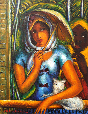 V�CTOR MANUEL GARC�A (1897�1969) <br>
Young Women with Umbrella and Cat <br>
<i>(J�venes con Sombrilla y Gato),</i> ca. 1940<br>
oil on canvas <br>
26 x 20 inches
