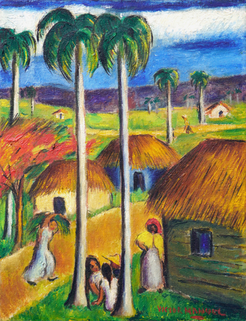 VCTOR MANUEL GARCA (18971969)<br> 
Landscape with Farmers and Huts <br>
<i>(Paisaje con Campesinos y Bohos),</i> ca. 1935<br>
oil on canvas <br>
16  x 11  inches
