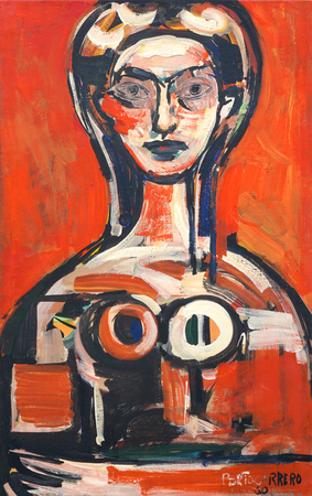 REN PORTOCARRERO (19121985) <br>
Figure in Red<br>
<i>(Figura en Rojo),</i> 1960<br>
mixed media on board<br>
23 ⅛ x 14  inches
