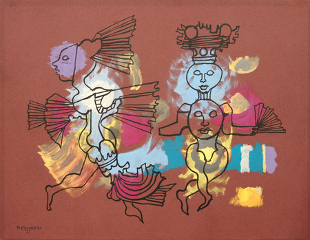 REN PORTOCARRERO (19121985)<br>
Dancers [from the Carnival series]<br> 
<i>(Bailarines [de la serie Carnavales]),</i> 1971<br>
mixed media on heavy paper laid down on board <br>
19  x 25  inches
