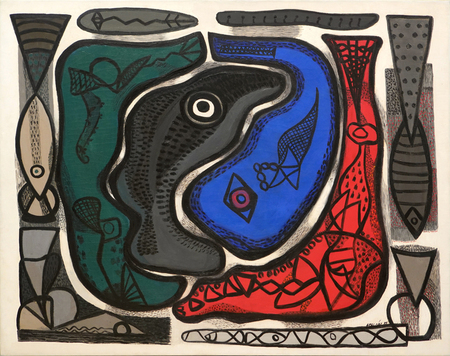 AMELIA PELEZ (1896 - 1968)<br>
Fish<br>
<i>(Peces),</i> 1955<br>
oil on canvas<br>
34 ⅛ x 43 ⅛ inches 
