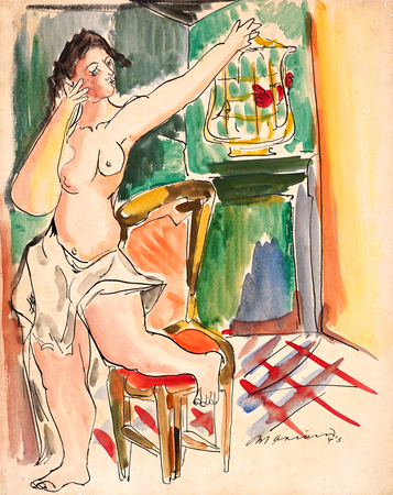 MARIANO RODR�GUEZ (1912�1990)<br>
Woman with Red Bird<br>
<i>(Mujer con P�jaro Rojo),</i> 1943<br>
mixed media on heavy paper laid down on board<br>
13 � x 11 inches
