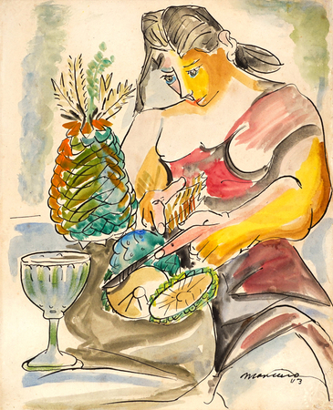 MARIANO RODR�GUEZ (1912�1990)<br>
Woman with Pineapple<br>
<i>(Mujer con Pi�a),</i> 1943<br>
mixed media on heavy paper laid down on board <br>
13 � x 11 inches
