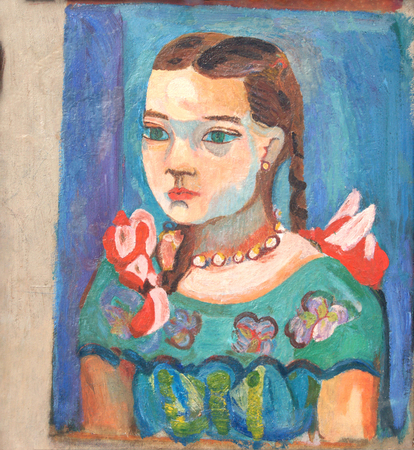 MARIANO RODR�GUEZ (1912�1990)<br> 
Portrait of Lolita<br>
<i>(Retrato de Lolita),</i> ca. 1947<br>
oil on canvas laid down on board<br>
16 x 15 inches
