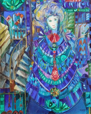 JOS� MIJARES (1921�2004)<br>
Havana Lady on the Balcony<br>
<i>(Habanera en el Balc�n),</i> 1988<br>
oil on canvas<br>
30 x 24 inches

