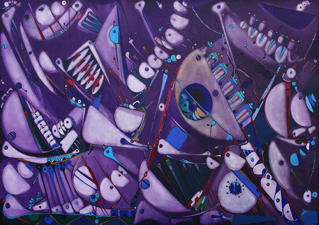 JOS� MIJARES (1921�2004)<br>
Lunar Forms<br>
<i>(Formas Lunares),</i> 1991<br>
oil on canvas<br>
49 x 69 inches
