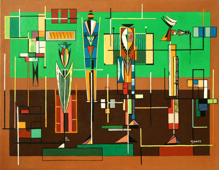 JOS� MIJARES (1921�2004)<br>
Four Figures<br>
<i>(Cuatro Figuras),</i> ca. 1955<br>
oil on board laid down on canvas<br>
19 ⅝ x 25 ⅝ inches
