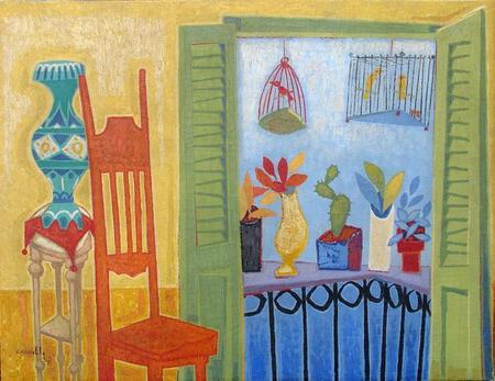 CARMELO GONZ�LEZ (1920�1990)<br>
Interior with Balcony<br>
<i>(Interior con Balc�n),</i> 1958<br>
oil on canvas<br>
20 x 26 � inches
