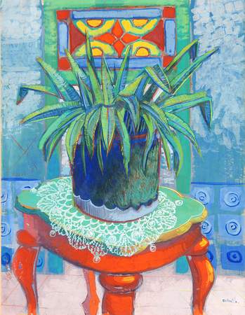 CARMELO GONZ�LEZ (1920 �1990)<br>
Interior with Table and Plant <br>
<i>(Interior con Mesa y Planta),</i> ca. 1950<br>
mixed media on heavy paper laid down on canvas<br>
23 x 17 � inches
