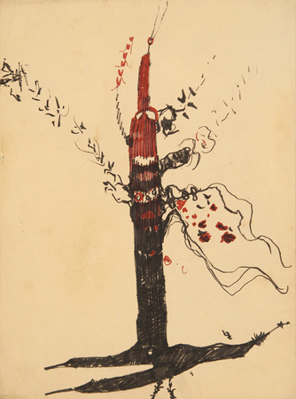 ANGEL ACOSTA LEN (19301964)<br>
Tree<br>
<i>(rbol),</i> ca. 1960<br>
ink on paper laid down on board<br>
10  x 8 inches
