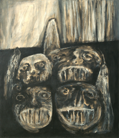 ANTONIA EIRIZ (19291995)<br>
Untitled [The Voters]<br>
<i>(Sin Ttulo [Los Votantes]),</i> ca. 1963<br>
ink and mixed media on heavy paper laid down on canvas<br>
28  x 24  inches
