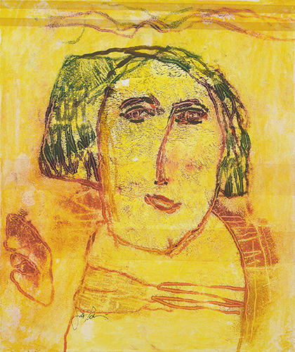 GINA PELLN (19262014)<br>
Kachina Doll in Gold<br>
<i>(Mueca Kachina en Dorado),</i> 2011<br>
mixed media on heavy paper laid down on wood<br>
17 x 14 ⅝ inches
