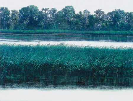 TOMS SNCHEZ (b. 1948)<br>
Shore<br>
<i>(Orilla),</i> 1980<br>
acrylic on canvas<br>
25  x 33 inches
