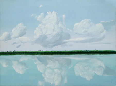 TOMS SNCHEZ (b. 1948)<br>
Seashore [Mirror of the Clouds]<br>
<i>(Orilla [Espejo de las Nubes]),</i> 1988<br> 
acrylic on canvas <br>
58 x 78 inches
