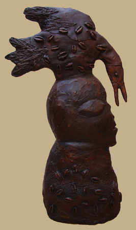 MANUEL MENDIVE (b. 1944)<br>
Man with Bird<br>
<i>(Hombre con P�jaro),</i> 1997<br>
bronze sculpture 6 of 7<br>
21 x 13 x 5 � inches
