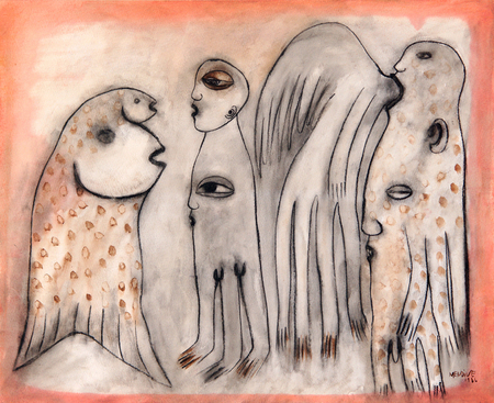 MANUEL MENDIVE (b. 1944)<br>
Ancestral Energy <br>
<i>(Energa Ancestral),</i> 1986<br>
mixed media on heavy paper laid down on board<br>
18  x 22  inches
