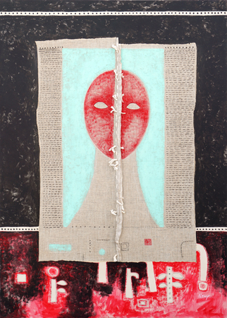 JUAN ROBERTO DIAGO (b. 1971)<br>
Red Dawn<br>
<i>(Amanecer Rojo),</i> 2018<br>
mixed media on canvas<br>
49 � x 35 � inches
