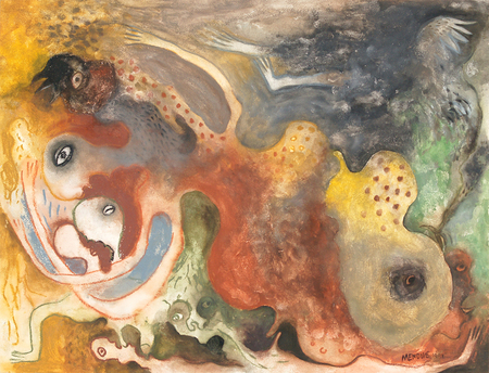 MANUEL MENDIVE (b. 1944)<br>
Bright Waters<br>
<i>(Aguas Luminosas),</i> 1991<br>
mixed media collage on heavy paper laid down on board <br>
22  x 29  inches
