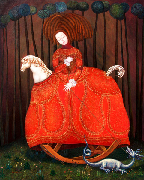 Irina El�n Gonz�lez<br> Balanceando la Vida</br> (<i>Balancing Life</i>), 2012<br> acrylic on canvas</br>
39 � x 31 � inches
