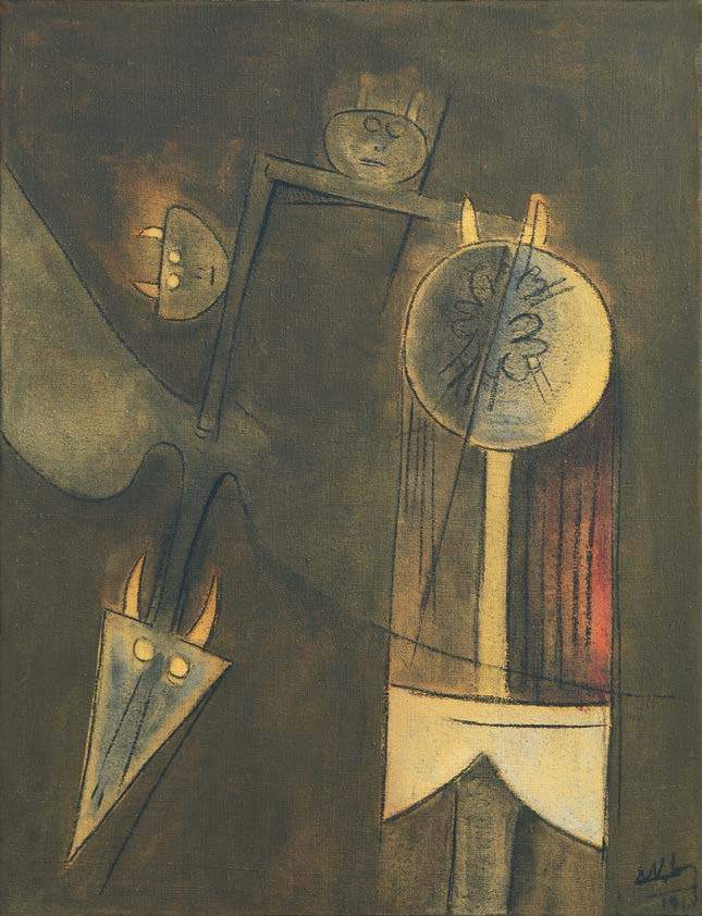 WIFREDO LAM (1902 - 1982) <br>           
Untitled [Rendezvous at Twilight]<br> 
<i>Sin T�tulo</i> [<i>Encuentro Crepuscular</i>], 1962<br>
oil on canvas<br>
25 � x 19 � inches
