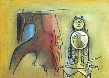 WIFREDO LAM (1902  1982)<br>
Untitled [Femme-Cheval and Personage]<br>
(<i>Sin Ttulo</i> [<i>Mujer-Caballo y Personaje</i>])<br> 
signed and dated on the back, 1973<br>
oil on canvas<br>
19  x 27  inches
