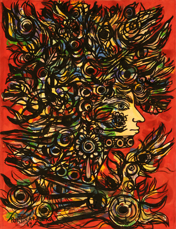 REN� PORTOCARRERO (1912-1985)<br>
Ornamented Figure in Red<br>
(<i>Figura Ornamentada en Rojo</i>), 1969<br>
mixed media on paper laid down on board<br>
19 � x 14 inches
