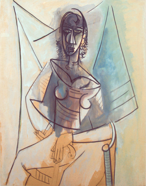 Wifredo Lam <br> Mujer Sentada</br> (<i>Seated Woman </i>), 1944<br> oil on paper laid down on board</br> 
42 x 33 � inches
<br></br>

This artwork is illustrated in Important Cuban Artworks, Volume Six, Page 116
<br></br>
Illustrated in Wifredo Lam: Catalogue Raisonn� of the Painted Word, Volume I, 1923-1960, Acatos, 1996, page 344, no. 44.17.
<br></br>
This artwork is illustrated on the cover of Guillermina Ramos Cruz, Lam y Mendive: Arte Afrocubano, 2009, Linkgua
<br></br>
This painting is accompanied by a photo-certificate of authenticity signed by Lou Laurin Lam.


