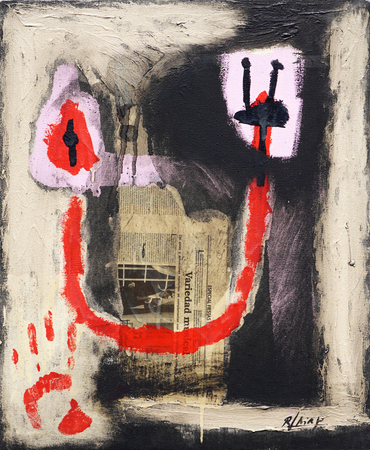 JUAN ROBERTO DIAGO (b. 1971)<br>
No Fear<br>
(<i>No Hay Miedo</i>), 1998<br>
mixed media and collage on canvas<br>
28 � x 23 � inches 

