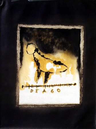 JUAN ROBERTO DIAGO (b. 1971)<br>
A Bird Without Wings Won't Fly<br>
(<i>P�jaro sin Alas no Vuela</i>), 2001<br>
mixed media on canvas<br>
31 � x 23 ⅝ inches
