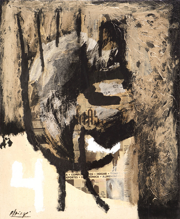 JUAN ROBERTO DIAGO (b. 1971)<br>
The Daily B.S.<br>
(<i>La Bober�a de Cada D�a</i>),1998<br>
mixed media and collage on canvas<br>
28 � x 23 � inches
