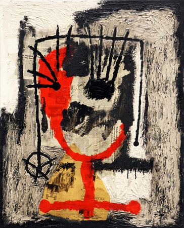 JUAN ROBERTO DIAGO (b. 1971)<br>
Like an Urchin<br>
(<i>Como un Erizo</i>),1998<br>
mixed media and collage on canvas<br>
39 � x 31 � inches
