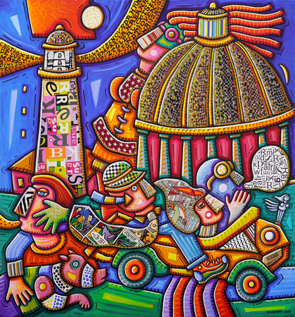 ALFREDO SOSABRAVO (b. 1930)<br>
Stroll Through Havana<br>
(<i>Paseo por La Habana</i>), 2018<br>
acrylic and collage on canvas<br>
65 x 65 inches
