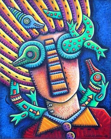 ALFREDO SOSABRAVO (b. 1930)<br>
Lady of the Lizards<br>
(<i>Dama de los Lagartos</i>), 2002<br>
oil on canvas board<br>
20 x 16 inches
