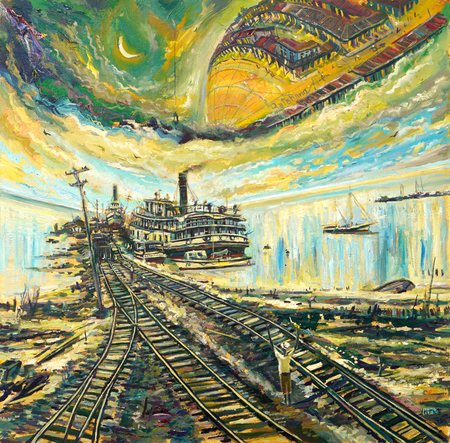 VICENTE HERN�NDEZ (b. 1971)<br>
The Train to Nowhere<br>
(<i>El Tren Hacia Ning�n Sitio</i>), 2015<br>
oil on canvas<br>
30 x 30 inches 
