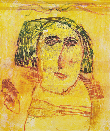 GINA PELLN (19262014)<br>
Kachina Doll in Gold<br>
(<i>Mueca Kachina en Dorado</i>), 2011<br>
mixed media on heavy paper
laid down on wood<br>
17  x 14  inches
