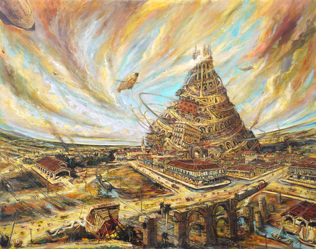 VICENTE HERNNDEZ (b. 1971)<br>
The Tower and Utopia<br>	
(<i>La Torre y La Utopa</i>), 2013<br>
oil on canvas<br>
31  x 39  inches
	
