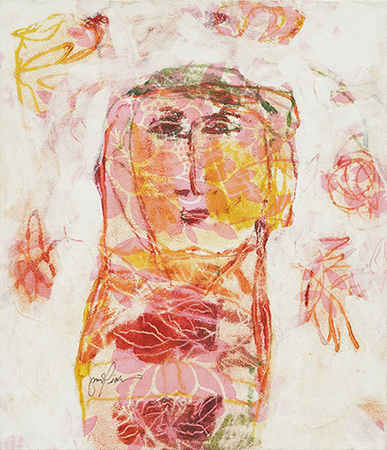 GINA PELL�N (1926�2014)<br>
Kachina Doll in Rose<br>
(<i>Mu�eca Kachina en Rosa</i>), 2011<br>
mixed media on heavy paper laid down on wood<br>
17 � x 14 ⅝ inches
