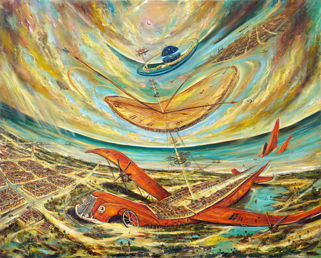 VICENTE HERNNDEZ (b. 1971)<br>
The Time Machine<br>
(<i>La Mquina del Tiempo</i>), 2015<br>
oil on canvas<br>
31  x 39 inches
